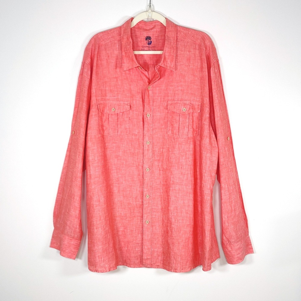 Ocean & Coast Mens XXL Linen Coral Shirt Roll Tab Coastal Resort Long Sleeve